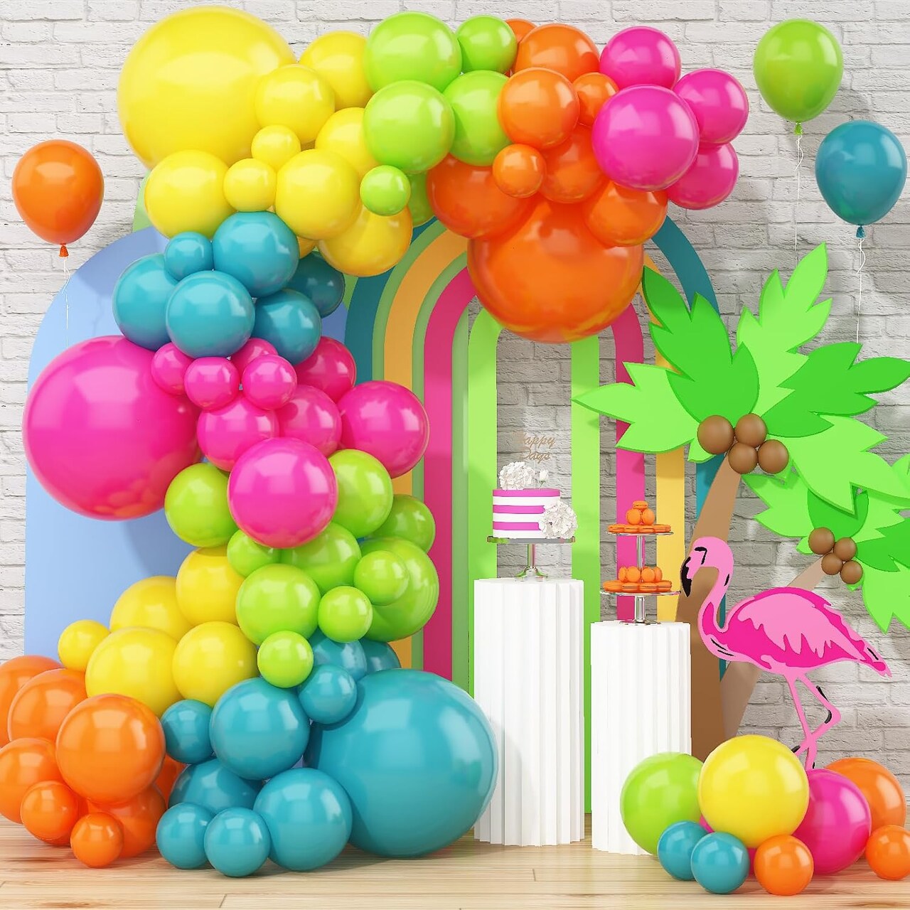 141-Piece Summer Tropical Balloon Arch Garland Kit – Hot Pink, Lime Green, Orange, Slate Blue, Yellow Latex Balloons for Hawaiian Luau, Birthday, Baby Shower, and Pool Party Decorations